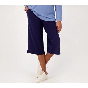 Denim & Co. Active French Terry Capri Wide Leg w/ Side Slit Navy,Small